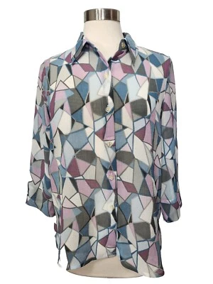 Blusa Top Para Mujer Alfred Dunner 12P Gris Púrpura Vidrieras Abotonadas 3/4 Slv  Foto 1 de 4