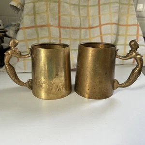 Pair Of Brass Mugs Woman Handle, Mermaid, Heavy Vintage Cup, Ocean Theme - Picture 1 of 15