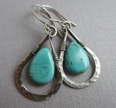 Turquoise Water Drop Earrings Natural Tibetan Silver Jewelry Women Talismans - Image 1 of 4