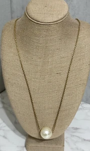 VINTAGE Gold Tone Faux Pearl Solitaire 34" Necklace Statement Glam - Picture 1 of 6