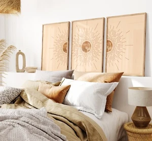 Pinturas de pared de 3 piezas lienzo arte de pared sol con impresiones de rayos mediados de siglo moderno - Imagen 1 de 6