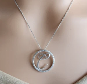SS Letter E Pendant with Sparkling Diamonds - Sterling Silver Necklace - Picture 1 of 10