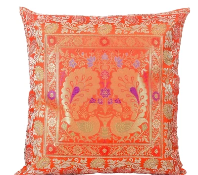 18英寸孔雀锦缎丝绸手工靠垫套民族枕头假扔橙色 — 第 1/4 张图片
