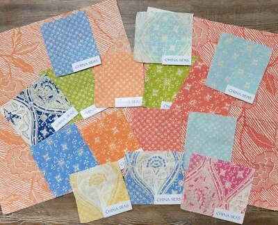 LOT CHINA SEAS 17 pcs Balinese Batik Floral Star Linen Fabric Samples - Image 1 of 4