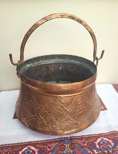 Large Antique Islamic Middle Eastern Copper Bucket Hand decorated - Log Bucket - Picture 1 of 14