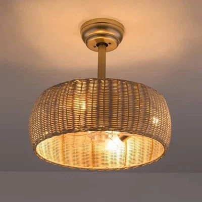 OUKANING 17.7 in. Natural & Gold Boho Rattan Ceiling Fan w/ Remote NEW - Image 1 of 4