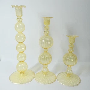 3 Venetian Murano Yellow Glass Candlesticks Candle Holders Vintage - Picture 1 of 10