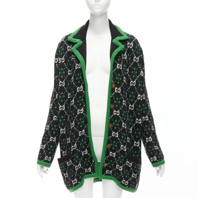 GUCCI 2018 white black GG monogram alpaca wool green trim knit coat S - Image 1 of 4