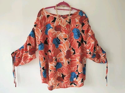 Dorothy Perkins Ladies blouse top 20 Orange Black Casual Ruched Sleeve Floral  - Image 1 of 4