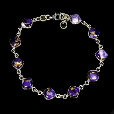 925 Sterling Silver Bracelet Cushion Kingman Turquoise 6mm Gemstone Jewelry 7in - Image 1 of 4