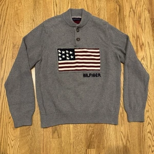 Tommy Hilfiger American Flag Sweater Men’s Large Pullover Button USA Grey - Picture 1 of 7