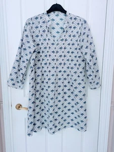 Handmade Indian Blockprint Tunic Short Dress Kaftan White Blue Floral UK 14 16 - Picture 1 of 8
