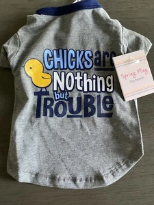 SIMPLY WAG EASTER T-Shirt "CHICKS ARE NOTHING BUT TROUBLE" Puppy/Dog Small NWT - Picture 1 of 2