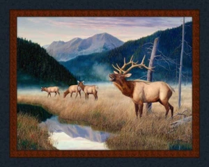 King of the Valley Elk Bugling Wild Mountains 36x44" Large Cotton Fabric Panel - Picture 1 of 1