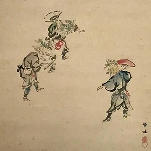 Japanische hängende Schriftrolle 3 Personen tanzender faltbarer Fächer Matsuri Kakejiku Farbe KJ23 - Bild 1 von 19