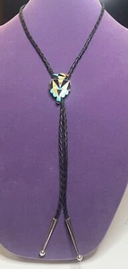 Vntg. 1970's Zuni Thunderbird Bolo Tie Turquoise Mop Coral Onyx Inlay in Silver - Picture 1 of 5