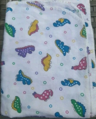 Vintage Medline Ind. Dinosaur Baby Flannel Receiving Blanket Pink Blue Purple  - Image 1 of 4