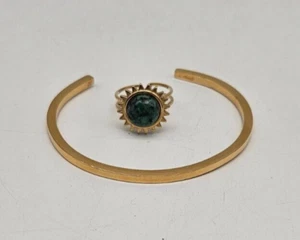 Unbranded S. Steel Bracelet Ring Gold Tone Set Green Stone Used F2 - Picture 1 of 11