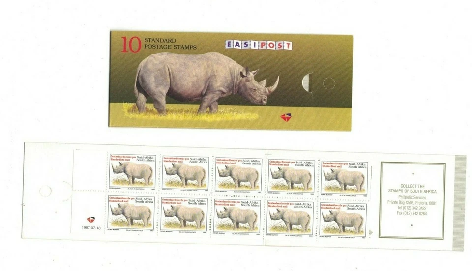 MRSA21) Folleto de estampillas de rinoceronte negro de Sudáfrica 1997 Foto 1 de 1