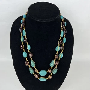 DOUBLE STRAND 21-24" AMBER & TURQUOISE GLASS BEADS GOLD TONE STRING NECKLACE - Picture 1 of 5