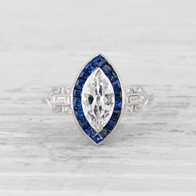 1.50Ct White Marquise Cut Simulated Diamond & Sapphire Art Deco 925 Silver Ring - Image 1 of 4