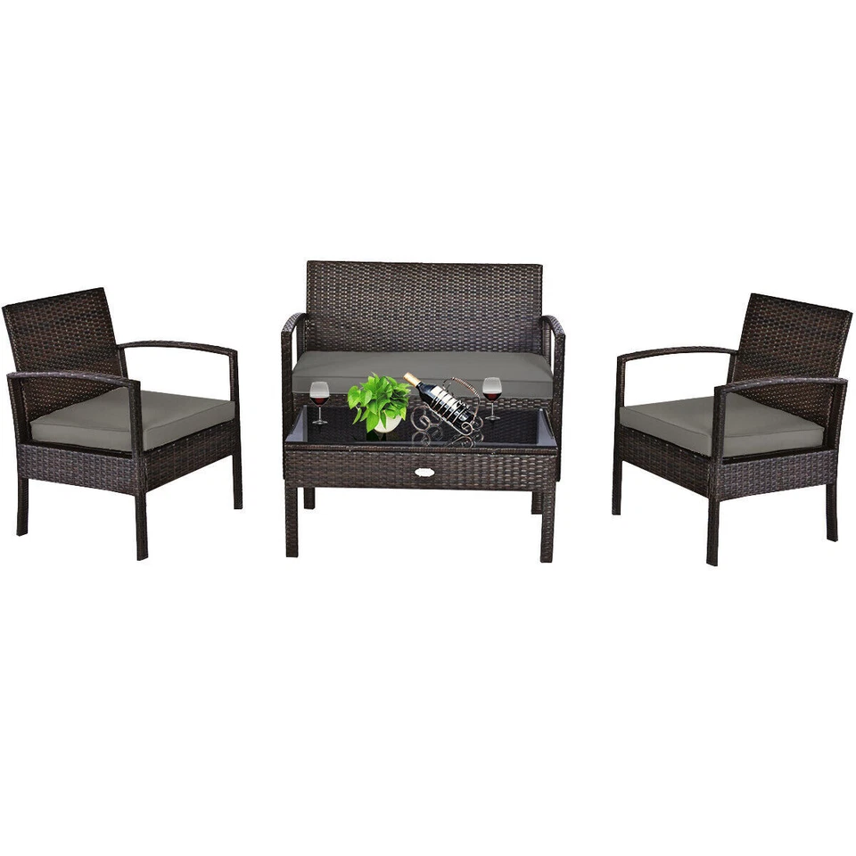 Costway HW63755 Outdoor Patio Rattan Wicker Furniture Set Table Sofa with Gray Cushions - 4 Piece