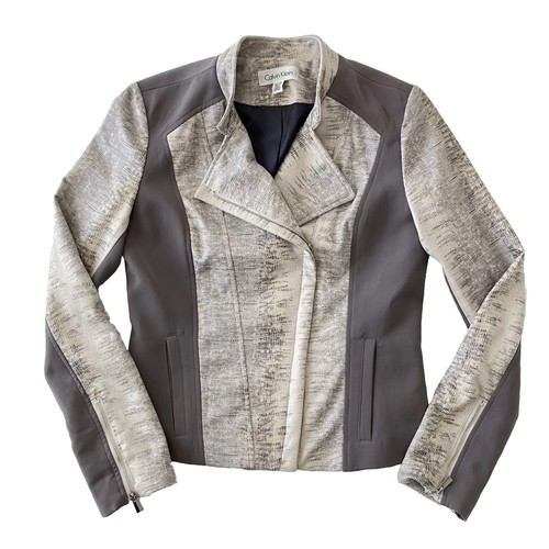 OFF WHITE Giacca Motociclista Calvin Klein Pelle di Serpente Ecopelle Grigio Avorio XS EUC