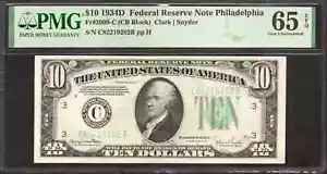 1934 D $10 FEDERAL RESERVE NOTE PHILADELPHIA FR.2009-C CB BLOCK PMG 65 EPQ (202B - Picture 1 of 2