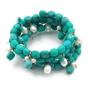 Turquoise Dyed Howlite White Freshwater Pearl Memory Wire Fashion Bracelet - Picture 1 of 13