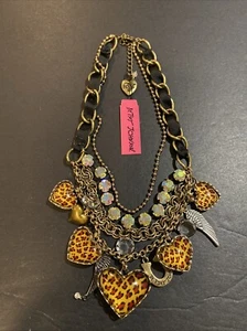 New Betsey Johnson Leopard Love Lucite Puffy Heart Crystal 4 Tier Necklace - Picture 1 of 5