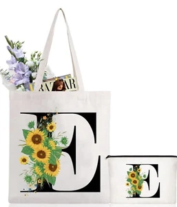 Initial canvas tote bag and makeup bag sunflower letter personalized - Letter E - Picture 1 of 6