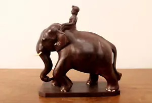 Wooden Elephant Statue Vintage Home Shelf Office Table Decor Sculpture Mahout - Picture 1 of 6