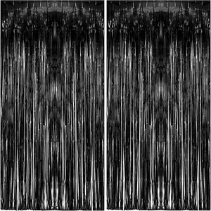 2 Pack Foil Curtain Backdrop Black Metallic Tinsel Foil Fringe Curtains Photo Bo - Picture 1 of 7