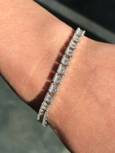 Platinum Sterling Silver Pave White Sapphire Baguette Halo Tennis Bracelet Gift - Picture 1 of 10