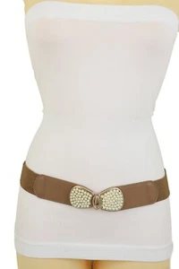 Women Fashion Skinny Brown Elastic Belt High Waist Hip Pearl Bead Bow Buckle S M - Picture 1 of 12