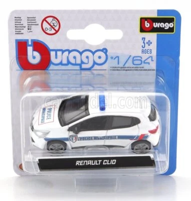MODELLINO AUTO STATICO BURAGO RENAULT CLIO POLICE MUNICIPALE 2019 BIANCO 1/64 - Immagine 1 di 4