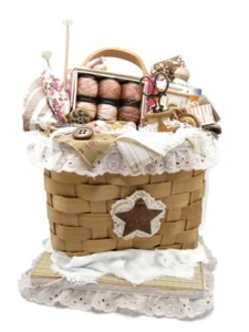 Primitiver Nähkorb Handarbeit Bauernhaus Deko Kaffee Tee gebeizt Tuch - Bild 1 von 10