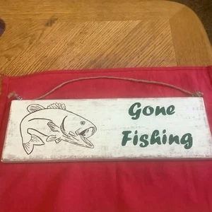 Vintage Wood Gone Fishing Sign Rustic Decor Vintage Old Fast Ship - Picture 1 of 7