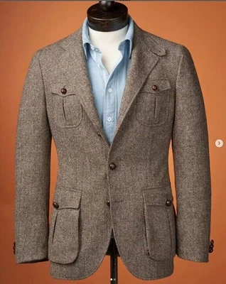 Tweed Men's Safari Jacket 2 Pcs Casual British Hunting Suits for Men Tailored - Image 1 of 4