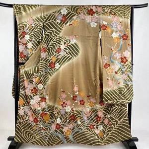 Woman Japanese Kimono Furisode Silk Plum Branch Wave Gold Foil Light Brown 160cm - Picture 1 of 7