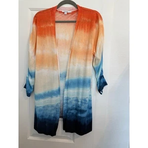 Chicos Sweater Tie Dye Orange and Blue Ombre Cardigan Rouged Sleeves New Size 2 - Picture 1 of 10