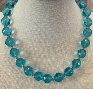 Vintage Blue Faceted Glass Beaded Necklace Sterling Toggle 8-9 MM Beads 15” - Picture 1 of 6