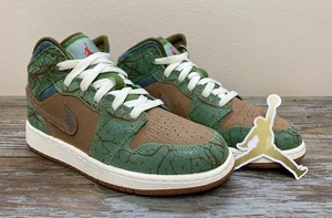 Nike Air Jordan 1 Mid GS Treeline Green Brown Sneakers FQ8101-200 Size 5Y - Picture 1 of 13