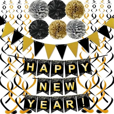 Juego de Feliz Año Nuevo Banner Negro con Bandera de Papel Negro Dorado Bunting Swirl Foto 1 de 4