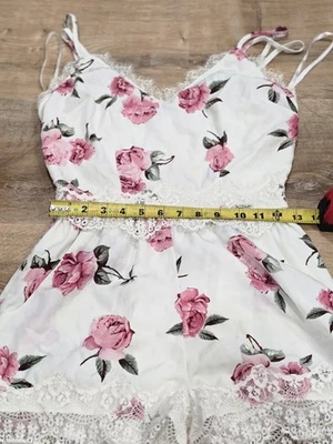 Romantic Rose Floral Lace Trim Romper Jumpsuit - Image 1 of 4
