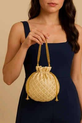 Cream & Golden Embroidered Potli Bag with Beaded Handle Ethnic Wedding Clutch - Image 1 of 4