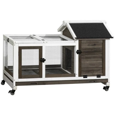 PawHut Rabbit Hutch, Guinea Pig Cage with Wheels, Outdoor/Indoor, Brown - Image 1 of 4