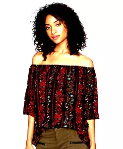 VOLCOM Black Floral Print OFF THE SHOULDER 3/4 Sleeve Women Blouse Top M/12 - Picture 1 of 6