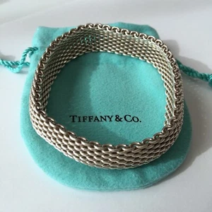 Tiffany & Co. 925 Silver Somerset Mesh Wide Bangle Bracelet POUCH  - Picture 1 of 5