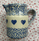 Vintage Workshops Of Gerald Henn Pottery Blue Spongeware Hearts Pitcher 1 Quart